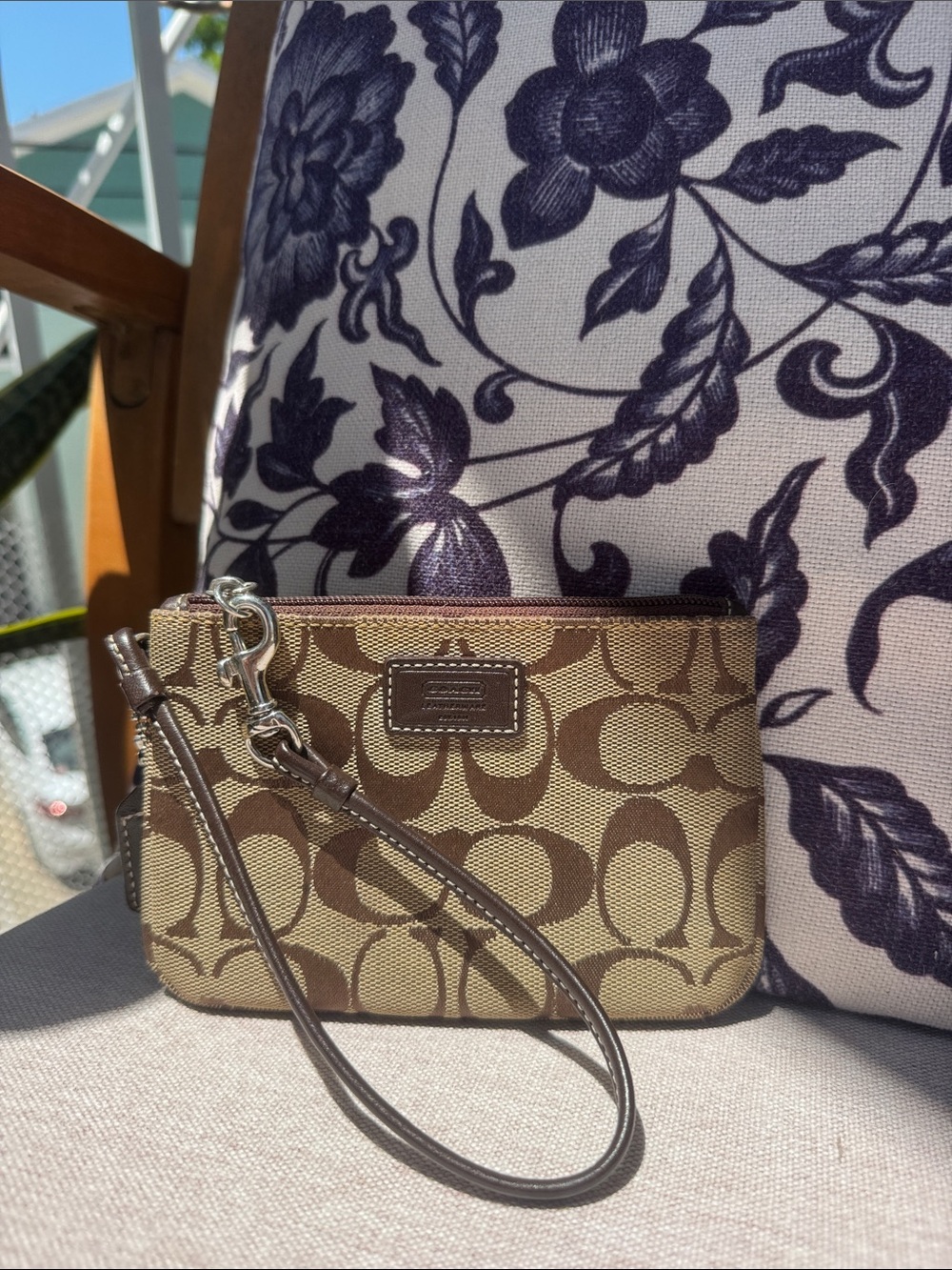 Vintage Coach Signature Jacquard Wristlet Brown Khaki Monogram Zip Pouch Y2K